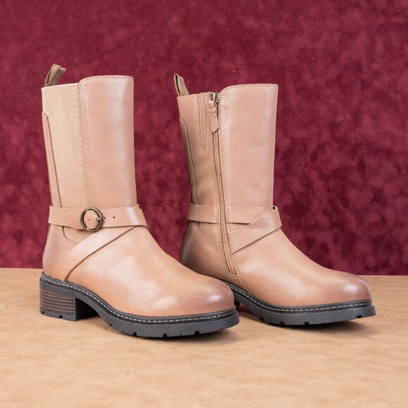 Softwalk Women Neenah Brown Leather Moto Biker Buckle Mid Calf Boots sz 8 - Picture 1 of 8
